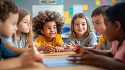 Obraz premium Collaboration in class. Group of children placing their hands together, teamwork and learning activities at school