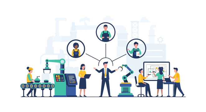 Industry 4.0 Smart Factory Automation: Manager Directing Production, Robotics, and Collaborative Engineering Teams