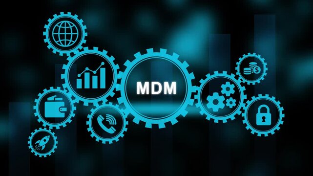 MDM concept with interconnected gear icons and business symbols mobile device management gears