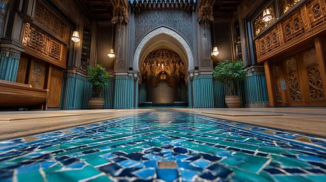 Ornate Moroccan mosque interior with geometric zellige tilework in turquoise and cobalt, carved cedar mashrabiya screens filtering natural light, empty prayer hall creating peacefu