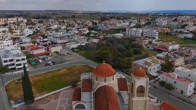 Aerial View of Holy Church of Archangel Michael in Oroklini Village Cyprus