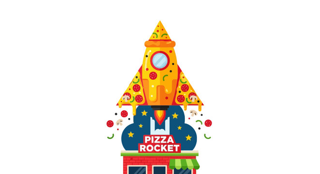 A pizza rocket logo design, with rocket shaped as pizza, and a shop below