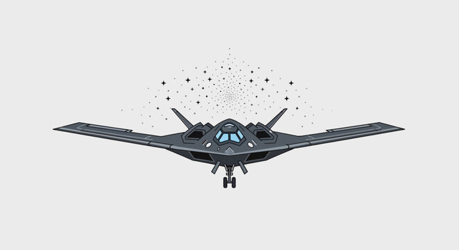 Illustration of a stealth aircraft from a frontal perspective, with starbursts above