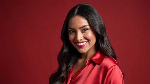 Elegant woman smiling with perfect teeth in red shirt on solid background for beauty and fashion