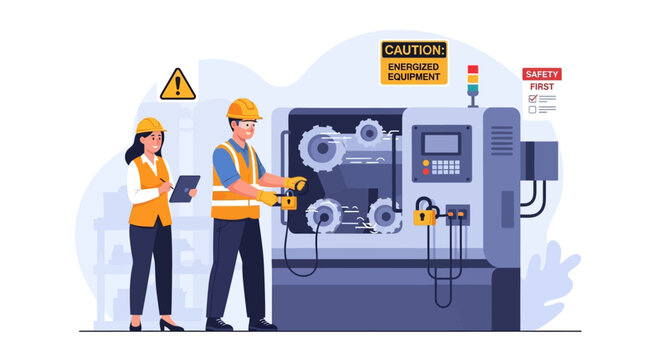 Workplace Safety Protocol: Engineers Performing Lockout Tagout (LOTO) on Industrial Machinery, Emphasizing Equipment Maintenance and Hazard Prevention