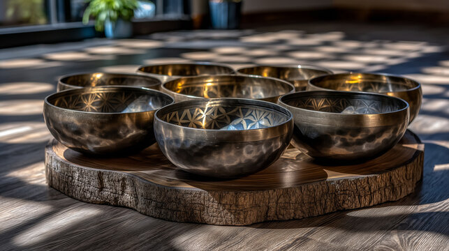 Tibetan singing bowls arranged in spiral pattern on reclaimed wood floor with morning sunlight creating geometric shadows, wellness instructor preparing sound bath meditation sessi