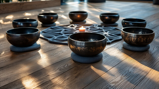 Tibetan singing bowls arranged in spiral pattern on reclaimed wood floor with morning sunlight creating geometric shadows, wellness instructor preparing sound bath meditation sessi