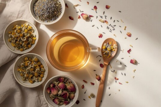 Herbal tea setup with dried lavender chamomile and rose in bowls and a spoon next to a warm cup of tea