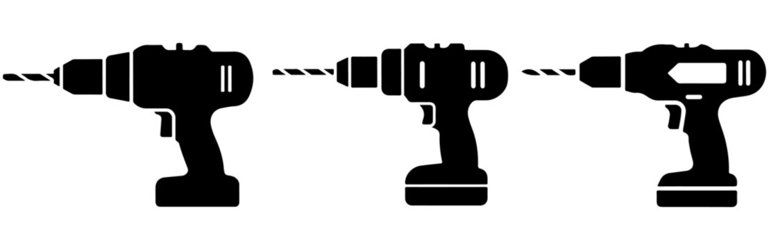 Drill machine silhouettes vector, Collection of cordless power drill silhouettes in various designs, industrial hand tools for construction