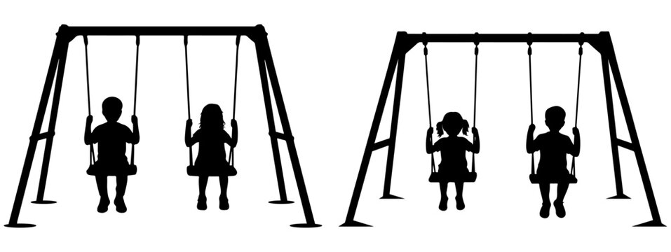 Swing set silhouette vector, Child playing on a playground swing set, happy kid enjoying outdoor recreation in a park