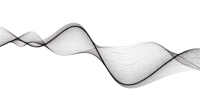 Abstract black wavy dot pattern on white background representing sound wave or digital data flow visualization graphic