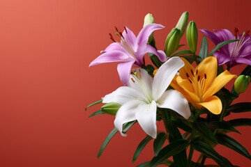 Obraz premium Colorful lilies on display with orange background in a studio setting