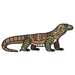 Obraz premium Colorful lizard with brown green and orange scales standing on white background