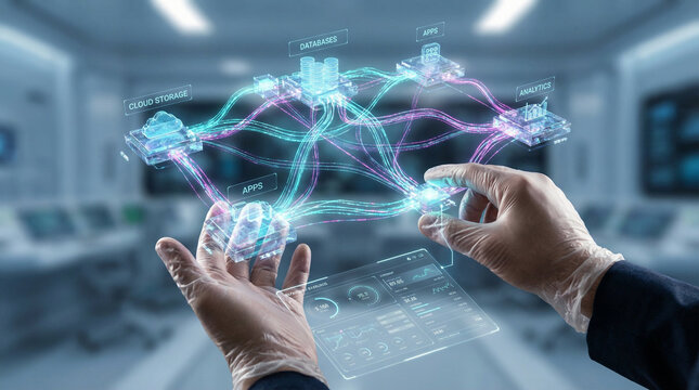 Hands interacting with futuristic digital brain hologram in modern office