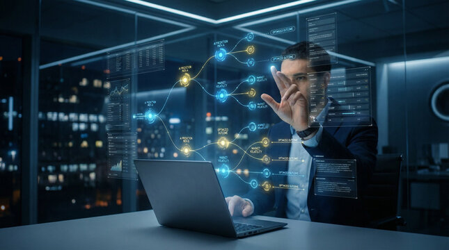 Business professional analyzing global data network on futuristic digital interface