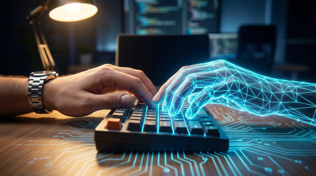 Business professional typing on keyboard with digital data flow and futuristic tech overlay