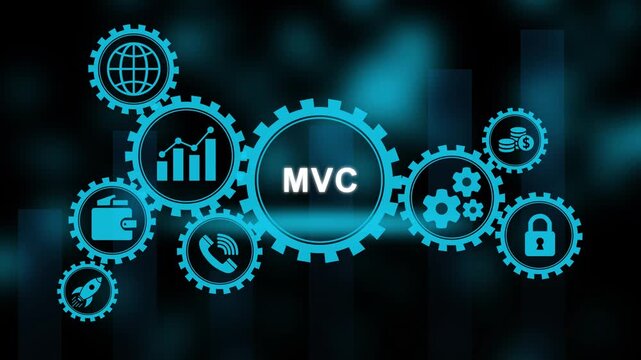 Digital Network of Business Icons and MVC Text in Blue Neon Glow Model View Controller software architecture