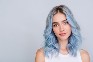 Naklejka premium Beautiful young woman with wavy pastel blue hair and natural makeup