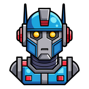 A blue and gray robot head with yellow eyes