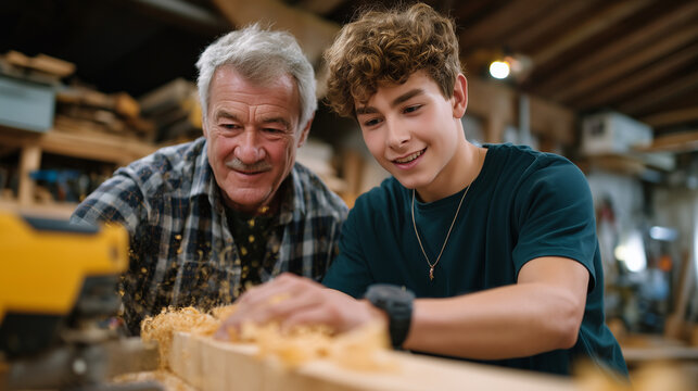 Grandfather teaches teenage grandson woodworking techniques in garage workshop, sawdust floating in warm evening light, ideal for intergenerational skills transfer, family craftsma