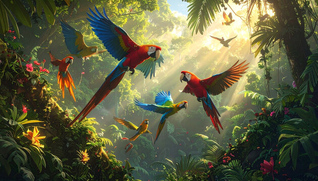 A cute vector illustration of a colorful macaw parrot with vibrant feathers perched on a tropical tree branch in a lush jungle garden filled with nature and bird of paradise flowers