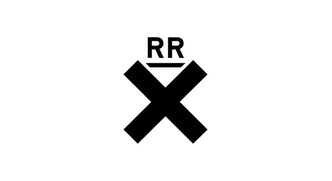 A black and white image depicting a railway crossing sign. The sign consists of an "X" shape with "RR.