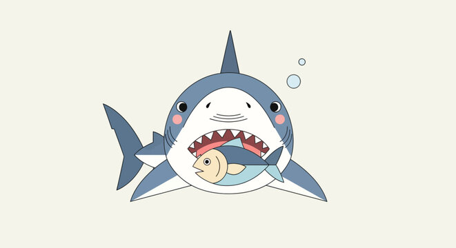 A cartoon shark with a fish in its mouth, bubbles floating upwards