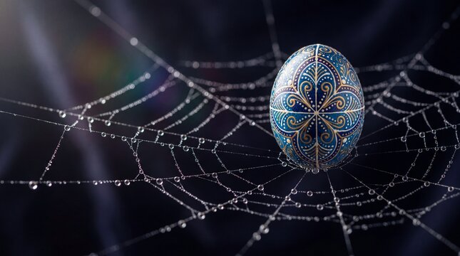 Ornate decorated Easter egg resting on a wet spider web