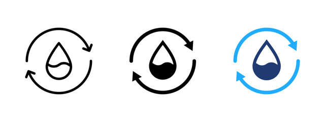 Water cycle icon with drop inside circular arrows. Recycle and reuse symbol. Hydration, liquid flow and eco-friendly sign. Circular water and fluid concept representing sustainability and conservation