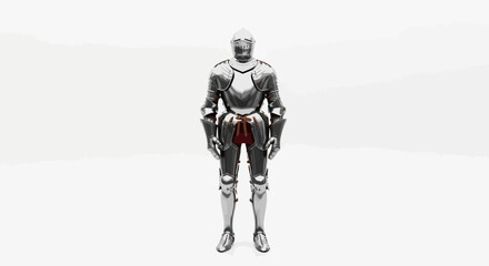 A full suit of polished metal armor, standing upright on a white background © Artejo
