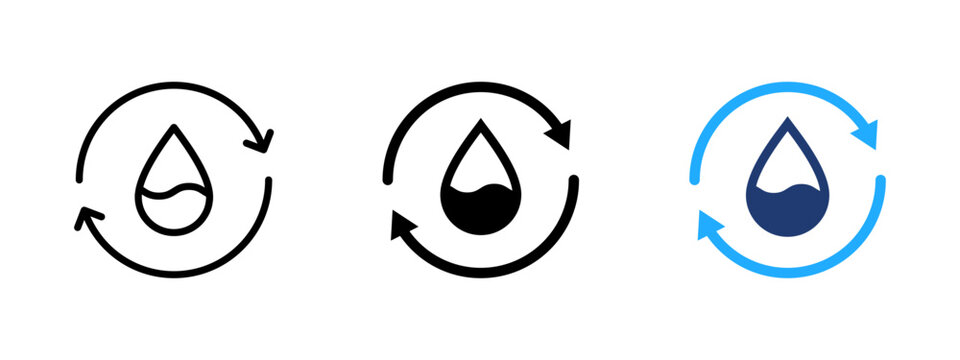 Water cycle icon with drop inside circular arrows. Recycle and reuse symbol. Hydration, liquid flow and eco-friendly sign. Circular water and fluid concept representing sustainability and conservation