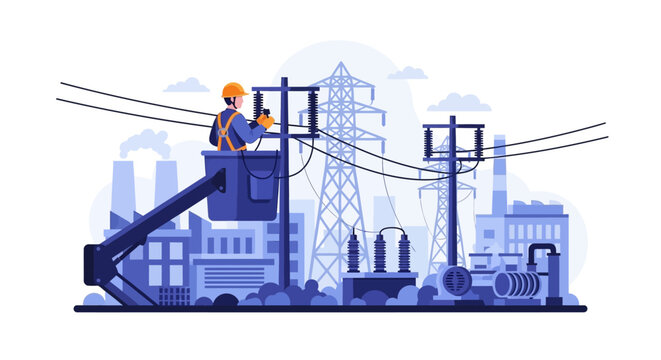 Lineman Working on Power Lines: Electricity Grid Maintenance & Industrial Energy Infrastructure