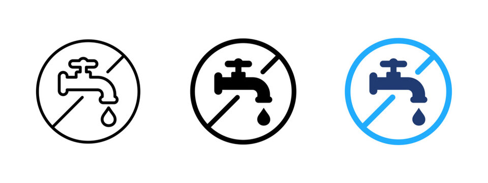 No water sign icon with tap and cross line. Absence of water and dry symbol. Liquid shortage and empty droplet sign. Faucet and water flow concept representing lack of water access.