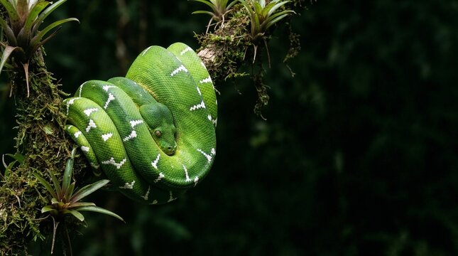 Vibrant green Emerald Tree Boa (Corallus caninus) in characteristic coil with dramatic copy space