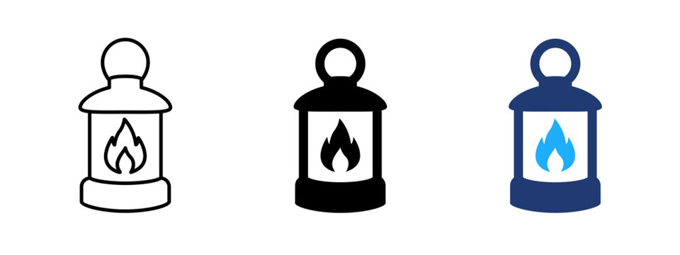 Vintage handheld lantern icon with flame inside. Classic fire and glow symbol. Torch and illumination beacon sign. Outdoor guide and warm light concept representing old lantern lighting.