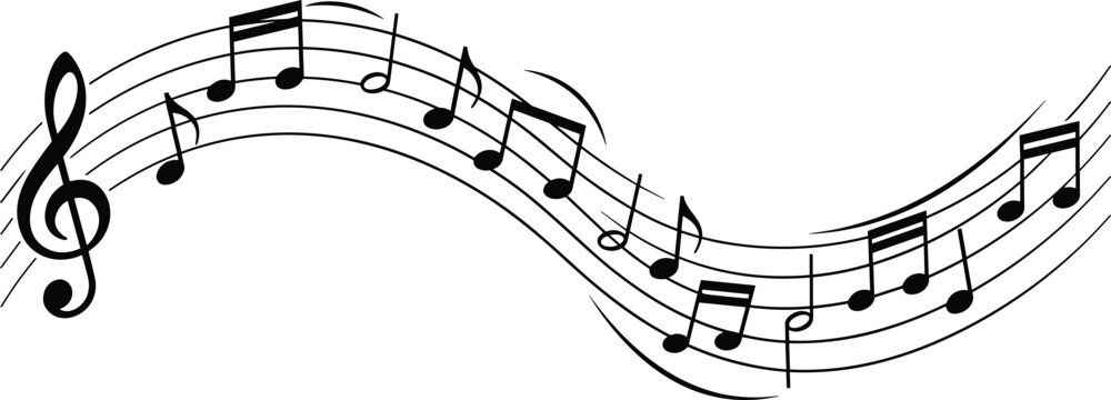 Musical staff illustration with treble clef, flowing curved lines, quarter notes, eighth notes, half note, dynamic rhythm design representing expressive music movement