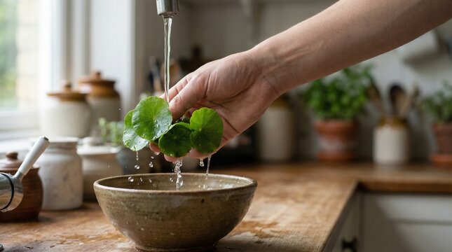 Washing Fresh Gotu Kola Leaves Under Running Water in Rustic Kitchen &ndash; Healthy Herbal Preparation