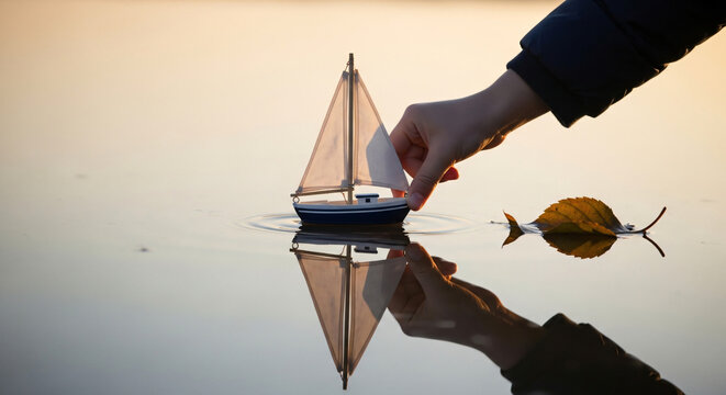 Hand placing miniature sailboat on calm water at sunset  