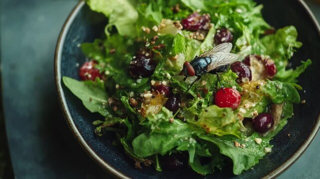 Disgusting blowfly insect crawling on a fresh salad representing poor hygiene and contamination