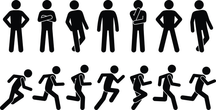 Stick figure silhouettes showing standing poses and running motion sequence, simplified human posture and movement illustration for animation and design