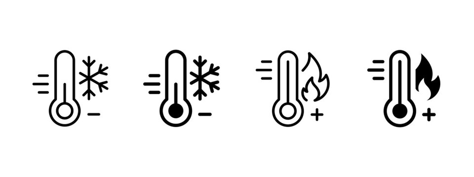 Hot and cold temperature thermometer icon set. High and low heat symbol. Freeze, flame, chill and frost signs. Thermal and temperature concept representing hot and cold monitoring.