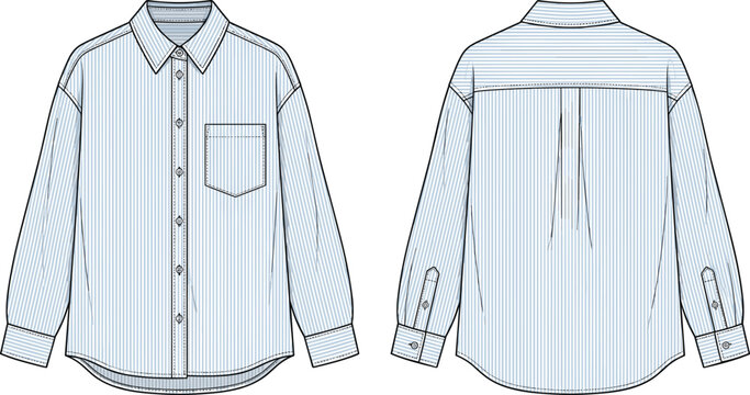Technical fashion sketch of a light blue striped oversized button down shirt showing front and back views with pocket and collar