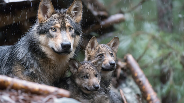 Wolf behavior specialist observing pack social hierarchy through rain soaked observation blind, detailed interaction patterns among family members in natural habitat, ideal for eth