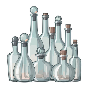 Collection of empty glass bottles with corks and stoppers on white background