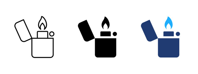 Gasoline lighter icon. Pocket lighter and ignition symbol. Flame, spark and fuel sign. Fire start concept representing gasoline lighter, refillable and flammable ignition tool.
