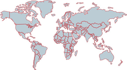 Obraz premium World Map with Blue Countries and Red Country Borders