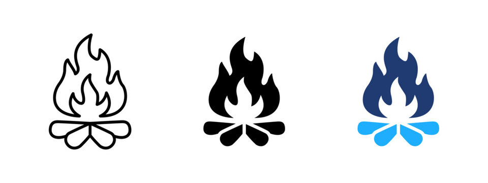 Outdoor campfire icon. Burning flame and wood fire symbol. Blaze, heat and smoke sign. Camping and nature hearth concept representing warm outdoor campfire and fire.