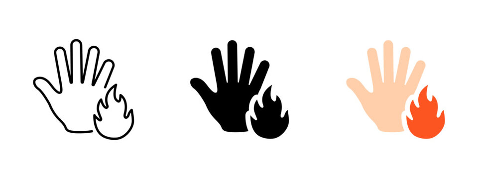 Burns icon. Hand with burn injury symbol. Skin damage, hazard and pain sign. Medical and safety concept representing burn, accident and health warning.