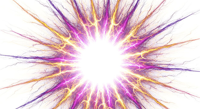 Abstract energy burst with purple and yellow light rays exploding from a bright center point with star explosion