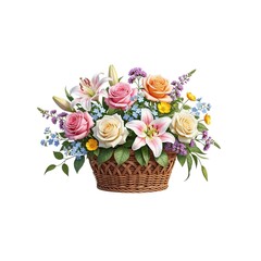 Fototapeta premium A woven basket holds an arrangement of pink roses, white lilies, and small purple accent flowers against a white background.